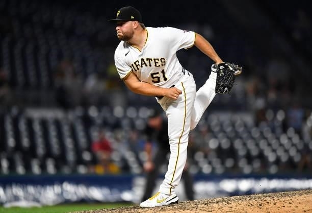 David Bednar of the Pittsburgh Pirates in action during the game against the Arizona Diamondbacks at PNC Park on August 23, 2021 in Pittsburgh,...