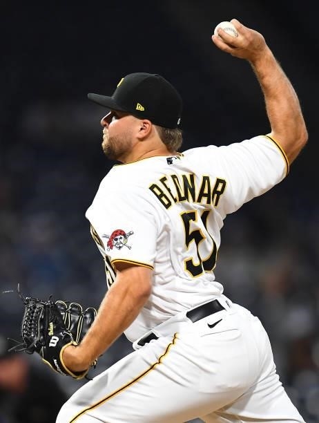 David Bednar of the Pittsburgh Pirates in action during the game against the Arizona Diamondbacks at PNC Park on August 23, 2021 in Pittsburgh,...