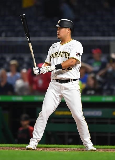 Yoshi Tsutsugo of the Pittsburgh Pirates in action during the game against the Arizona Diamondbacks at PNC Park on August 23, 2021 in Pittsburgh,...