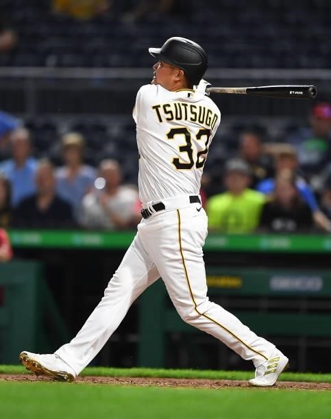 Yoshi Tsutsugo of the Pittsburgh Pirates in action during the game against the Arizona Diamondbacks at PNC Park on August 23, 2021 in Pittsburgh,...