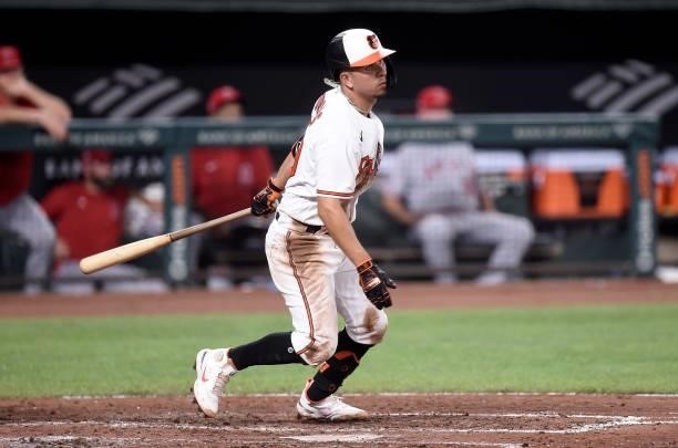 Ramon Urias of the Baltimore Orioles bats against the Los Angeles Angels at Oriole Park at Camden Yards on August 24, 2021 in Baltimore, Maryland.