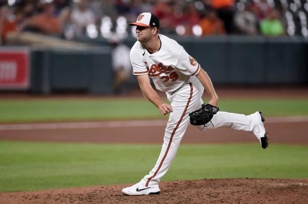 Konner Wade of the Baltimore Orioles pitches against the Los Angeles Angels at Oriole Park at Camden Yards on August 24, 2021 in Baltimore, Maryland.