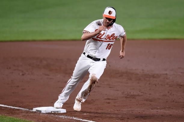 Trey Mancini of the Baltimore Orioles runs the bases against the Los Angeles Angels at Oriole Park at Camden Yards on August 24, 2021 in Baltimore,...