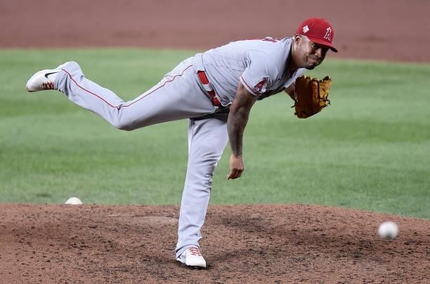 Junior Guerra of the Los Angeles Angels pitches against the Baltimore Orioles at Oriole Park at Camden Yards on August 24, 2021 in Baltimore,...