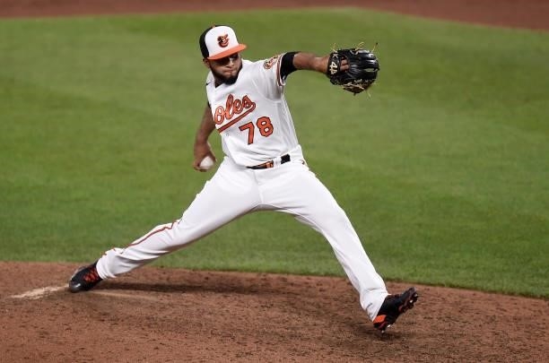 Marcos Diplan of the Baltimore Orioles pitches against the Los Angeles Angels at Oriole Park at Camden Yards on August 24, 2021 in Baltimore,...