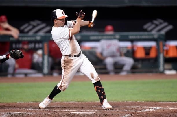 Ramon Urias of the Baltimore Orioles bats against the Los Angeles Angels at Oriole Park at Camden Yards on August 24, 2021 in Baltimore, Maryland.