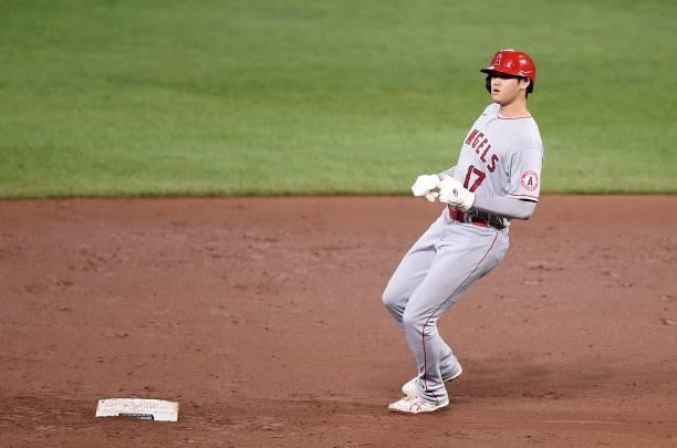 Shohei Ohtani of the Los Angeles Angels runs the bases in the eighth inning against the Baltimore Orioles at Oriole Park at Camden Yards on August...