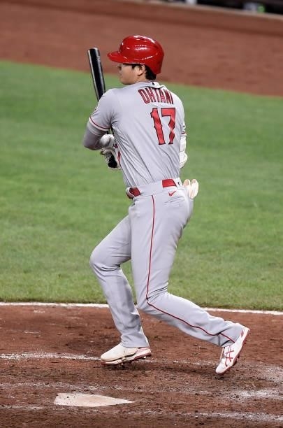 Shohei Ohtani of the Los Angeles Angels bats in the eighth inning against the Baltimore Orioles at Oriole Park at Camden Yards on August 24, 2021 in...