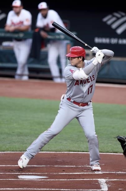 Shohei Ohtani of the Los Angeles Angels bats in the first inning against the Baltimore Orioles at Oriole Park at Camden Yards on August 24, 2021 in...