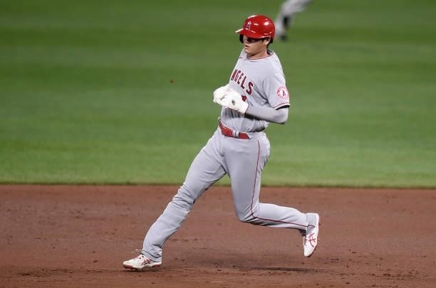 Shohei Ohtani of the Los Angeles Angels runs the bases in the sixth inning against the Baltimore Orioles at Oriole Park at Camden Yards on August 24,...