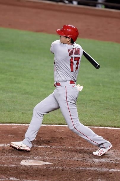Shohei Ohtani of the Los Angeles Angels bats in the eighth inning against the Baltimore Orioles at Oriole Park at Camden Yards on August 24, 2021 in...
