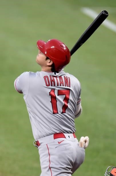 Shohei Ohtani of the Los Angeles Angels bats in the second inning against the Baltimore Orioles at Oriole Park at Camden Yards on August 24, 2021 in...