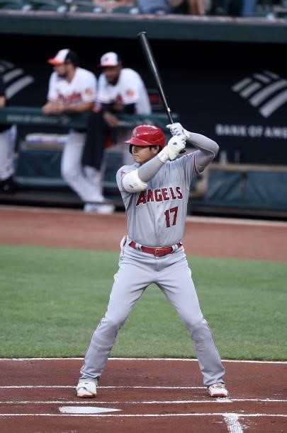 Shohei Ohtani of the Los Angeles Angels bats in the first inning against the Baltimore Orioles at Oriole Park at Camden Yards on August 24, 2021 in...