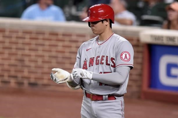 Shohei Ohtani of the Los Angeles Angels gets ready to bat in the sixth inning against the Baltimore Orioles at Oriole Park at Camden Yards on August...