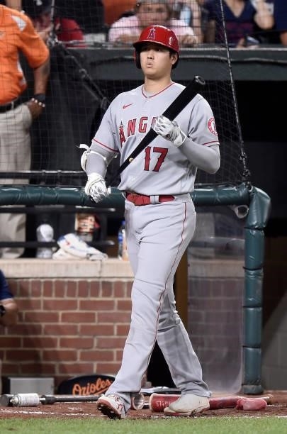 Shohei Ohtani of the Los Angeles Angels gets ready to bat in the fourth inning against the Baltimore Orioles at Oriole Park at Camden Yards on August...