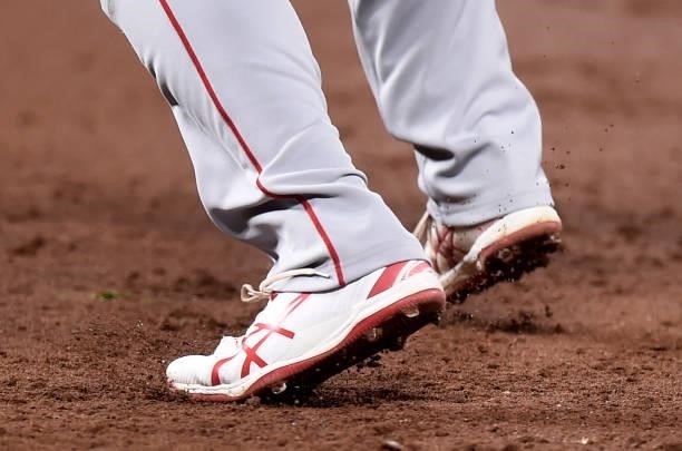 Shohei Ohtani of the Los Angeles Angels wears Asics shoes during the game against the Baltimore Orioles at Oriole Park at Camden Yards on August 24,...