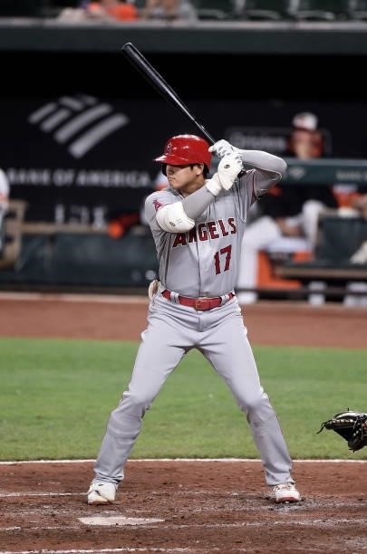 Shohei Ohtani of the Los Angeles Angels bats in the sixth inning against the Baltimore Orioles at Oriole Park at Camden Yards on August 24, 2021 in...