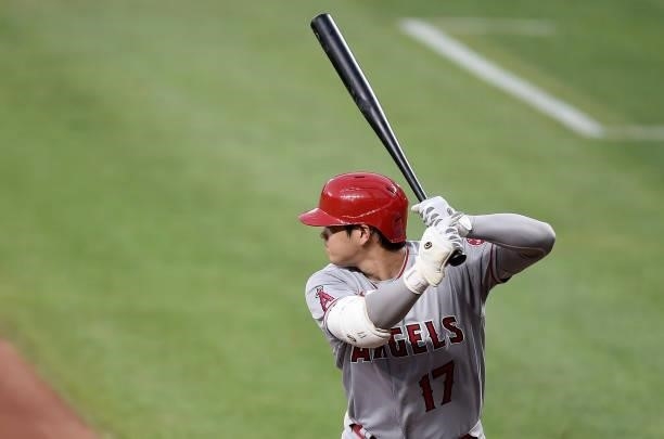 Shohei Ohtani of the Los Angeles Angels bats in the second inning against the Baltimore Orioles at Oriole Park at Camden Yards on August 24, 2021 in...