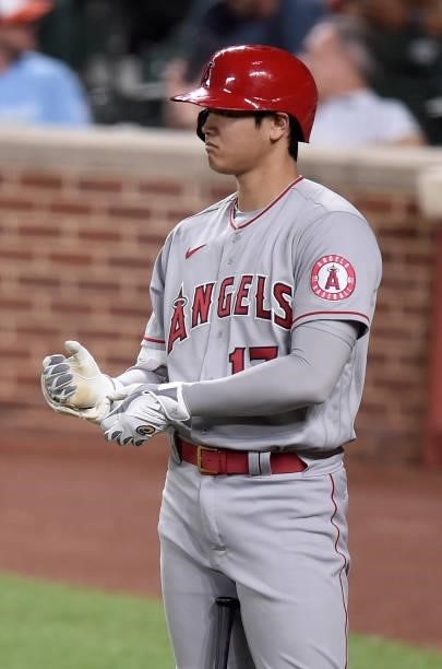 Shohei Ohtani of the Los Angeles Angels gets ready to bat in the sixth inning against the Baltimore Orioles at Oriole Park at Camden Yards on August...