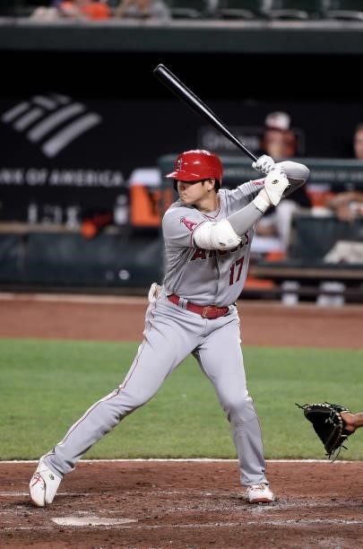 Shohei Ohtani of the Los Angeles Angels bats in the sixth inning against the Baltimore Orioles at Oriole Park at Camden Yards on August 24, 2021 in...