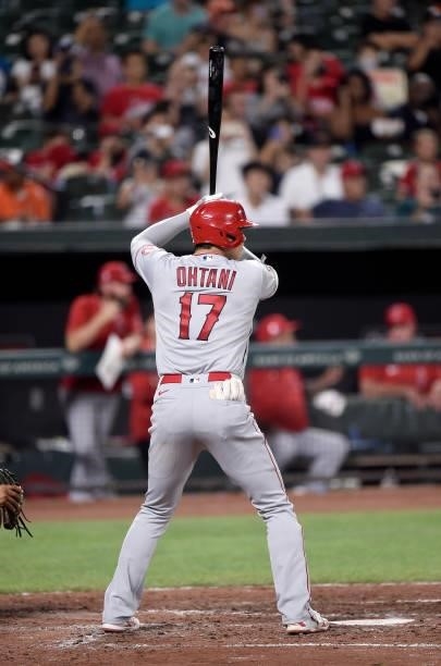 Shohei Ohtani of the Los Angeles Angels bats in the fourth inning against the Baltimore Orioles at Oriole Park at Camden Yards on August 24, 2021 in...