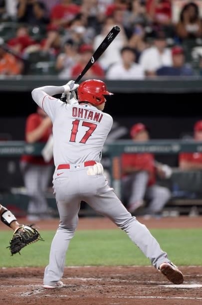 Shohei Ohtani of the Los Angeles Angels bats in the fourth inning against the Baltimore Orioles at Oriole Park at Camden Yards on August 24, 2021 in...