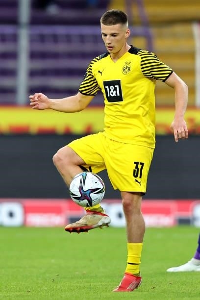Tobias Raschl of Dortmund runs with the ball during the 3. Liga match between VfL Osnabrück and Borussia Dortmund II at Stadion an der Bremer Brücke...