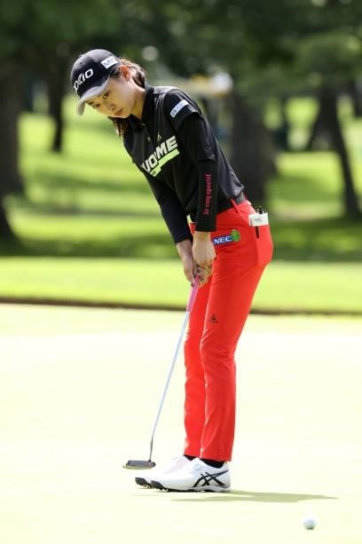 Yuka Yasuda of Japan attempts a putt on the 14th green during the first round of the Nitori Ladies at Otaru Country Club on August 26, 2021 in Otaru,...