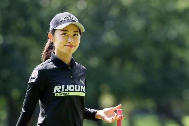 Yuka Yasuda of Japan smiles on the 14th green during the first round of the Nitori Ladies at Otaru Country Club on August 26, 2021 in Otaru,...