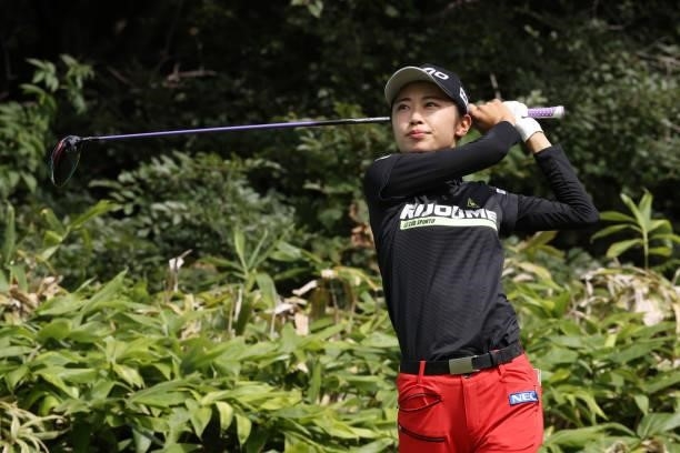 Yuka Yasuda of Japan hits her tee shot on the 15th hole during the first round of the Nitori Ladies at Otaru Country Club on August 26, 2021 in...
