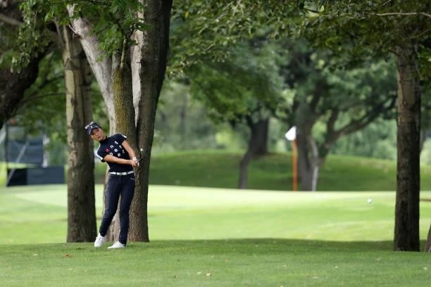 Karen Tsuruoka of Japan hits her second shot on the 18th hole during the first round of the Nitori Ladies at Otaru Country Club on August 26, 2021 in...