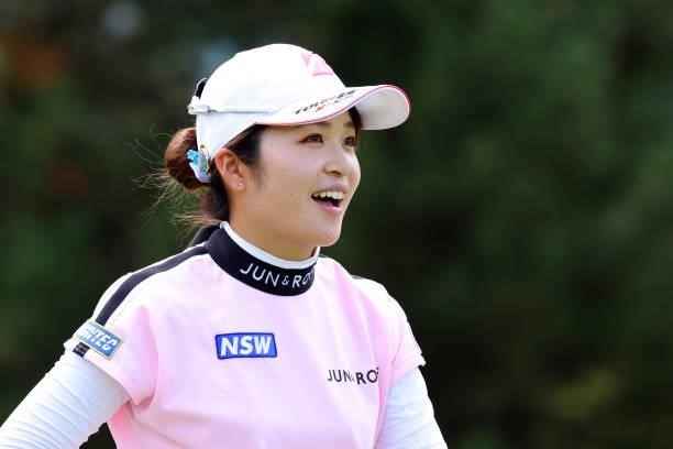 Kana Mikashima of Japan smiles after holing out on the 9th green during the first round of the Nitori Ladies at Otaru Country Club on August 26, 2021...