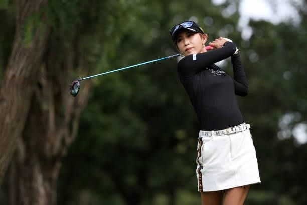 Kumiko Kaneda of Japan hits her tee shot on the 13th hole during the first round of the Nitori Ladies at Otaru Country Club on August 26, 2021 in...