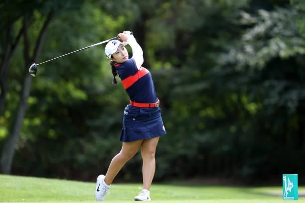 Miyu Abe of Japan hits her tee shot on the 2nd hole during the first round of the Nitori Ladies at Otaru Country Club on August 26, 2021 in Otaru,...