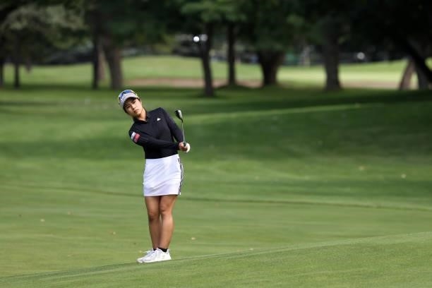 Rika Yabuta of Japan hits her third shot on the 1st hole during the first round of the Nitori Ladies at Otaru Country Club on August 26, 2021 in...