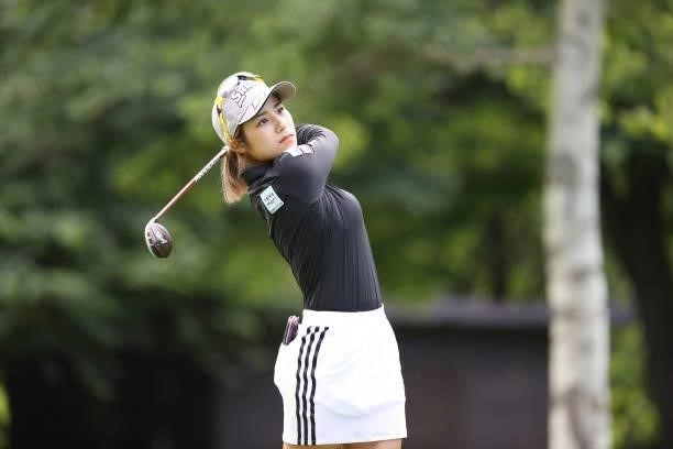 Rika Yabuta of Japan hits her tee shot on the 2nd hole during the first round of the Nitori Ladies at Otaru Country Club on August 26, 2021 in Otaru,...