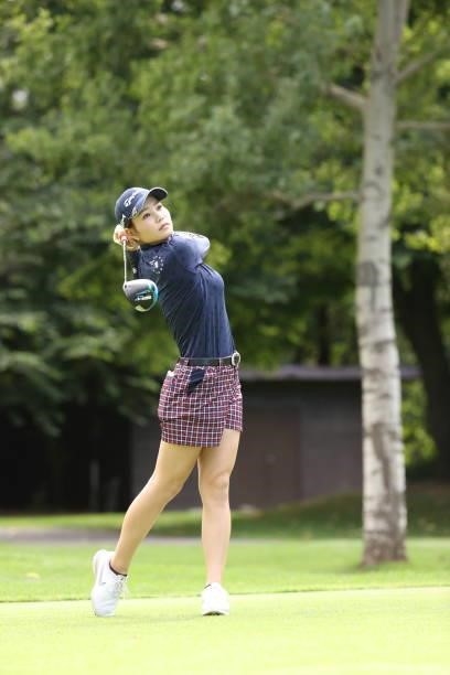 Akira Yamaji of Japan hits her tee shot on the 2nd hole during the first round of the Nitori Ladies at Otaru Country Club on August 26, 2021 in...