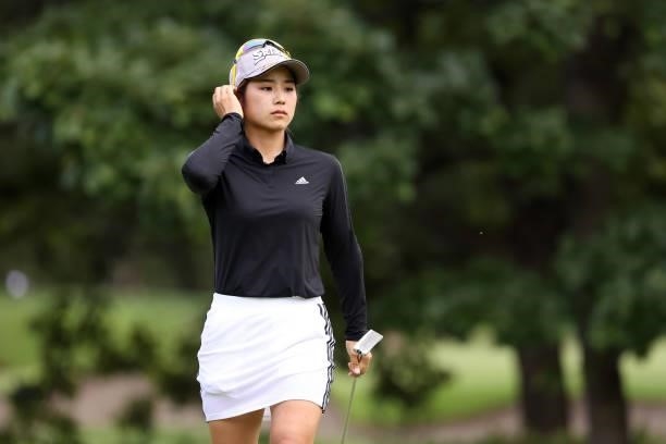 Rika Yabuta of Japan reacts on the 2nd green during the first round of the Nitori Ladies at Otaru Country Club on August 26, 2021 in Otaru, Hokkaido,...