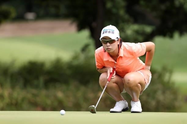 Phoebe Yao of Chinese Taipei lines up a putt on the 2nd green during the first round of the Nitori Ladies at Otaru Country Club on August 26, 2021 in...