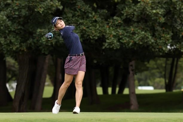 Akira Yamaji of Japan hits her tee shot on the 3rd hole during the first round of the Nitori Ladies at Otaru Country Club on August 26, 2021 in...