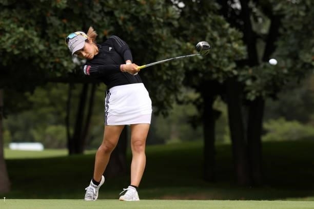 Rika Yabuta of Japan hits her tee shot on the 3rd hole during the first round of the Nitori Ladies at Otaru Country Club on August 26, 2021 in Otaru,...