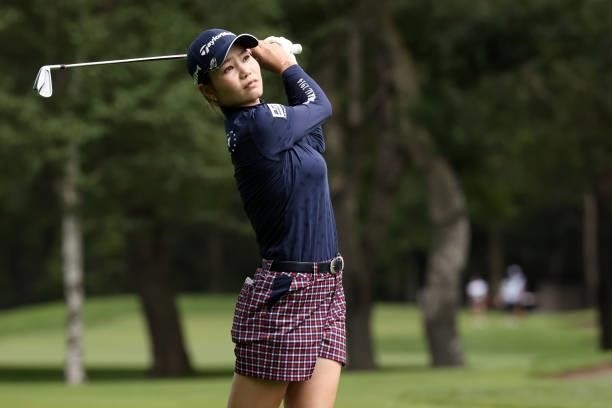 Akira Yamaji of Japan hits her third shot on the 3rd hole during the first round of the Nitori Ladies at Otaru Country Club on August 26, 2021 in...
