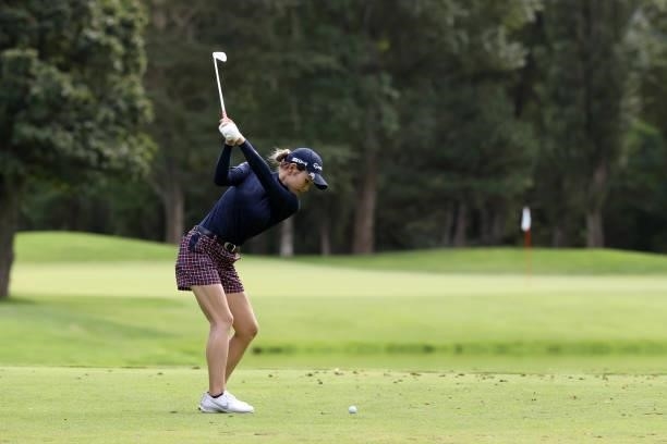 Akira Yamaji of Japan hits her tee shot on the 4th hole during the first round of the Nitori Ladies at Otaru Country Club on August 26, 2021 in...