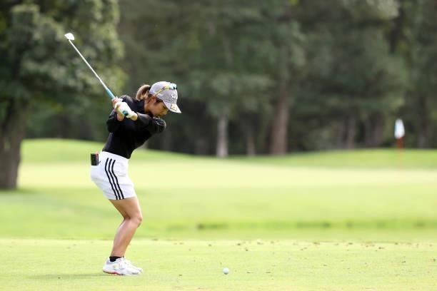 Rika Yabuta of Japan hits her tee shot on the 4th hole during the first round of the Nitori Ladies at Otaru Country Club on August 26, 2021 in Otaru,...