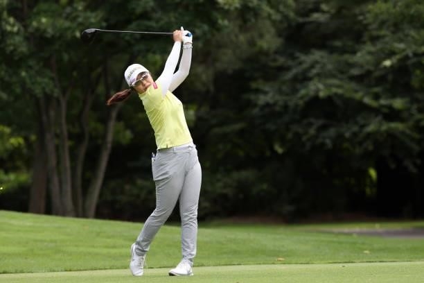 Saiki Fujita of Japan hits her tee shot on the 2nd hole during the first round of the Nitori Ladies at Otaru Country Club on August 26, 2021 in...