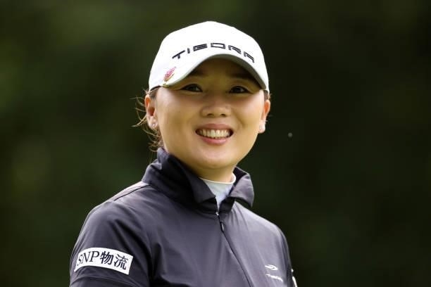 Na-ri Lee of South Korea smiles on the 2nd hole during the first round of the Nitori Ladies at Otaru Country Club on August 26, 2021 in Otaru,...