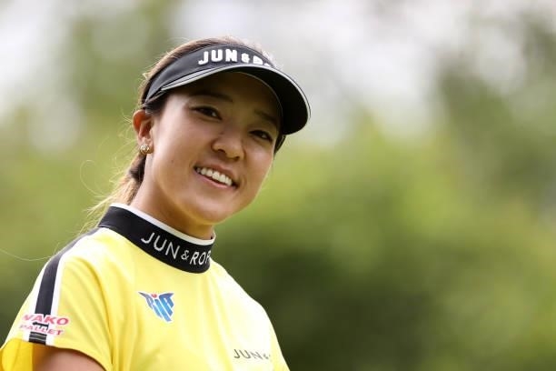 Eimi Koga of the United States smiles on the 2nd hole during the first round of the Nitori Ladies at Otaru Country Club on August 26, 2021 in Otaru,...