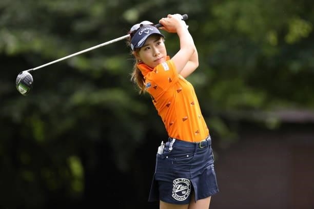 Ayako Kimura of Japan hits her tee shot on the 2nd hole during the first round of the Nitori Ladies at Otaru Country Club on August 26, 2021 in...