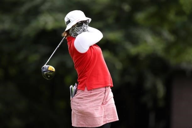 Satsuki Oshiro of Japan hits her tee shot on the 2nd hole during the first round of the Nitori Ladies at Otaru Country Club on August 26, 2021 in...