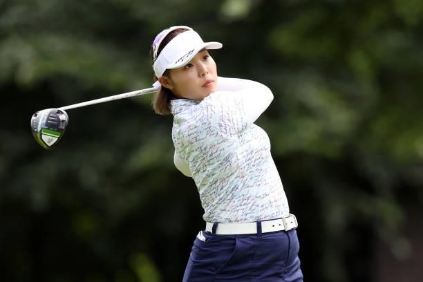 Akane Saeki of Japan hits her tee shot on the 2nd hole during the first round of the Nitori Ladies at Otaru Country Club on August 26, 2021 in Otaru,...